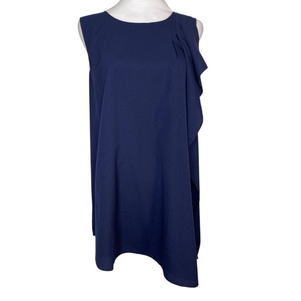 White House Black Market Blue Asymmetrical Drape Ruffle Sleeveless Top Size Med